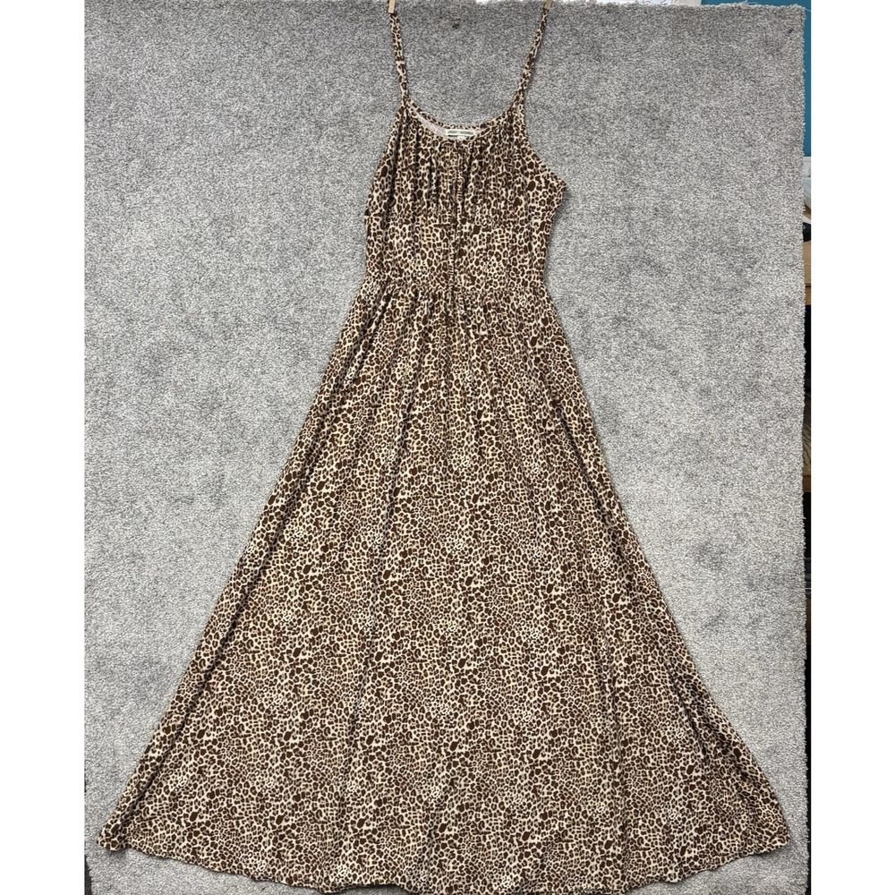 Green Goddess Dress Sz L Feminine Bold Leopard Print Peasant Romantic Boho Maxi